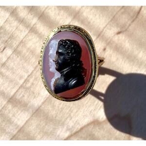 14K Gold Double Cameo, Capita Jugata Ring, Onyx